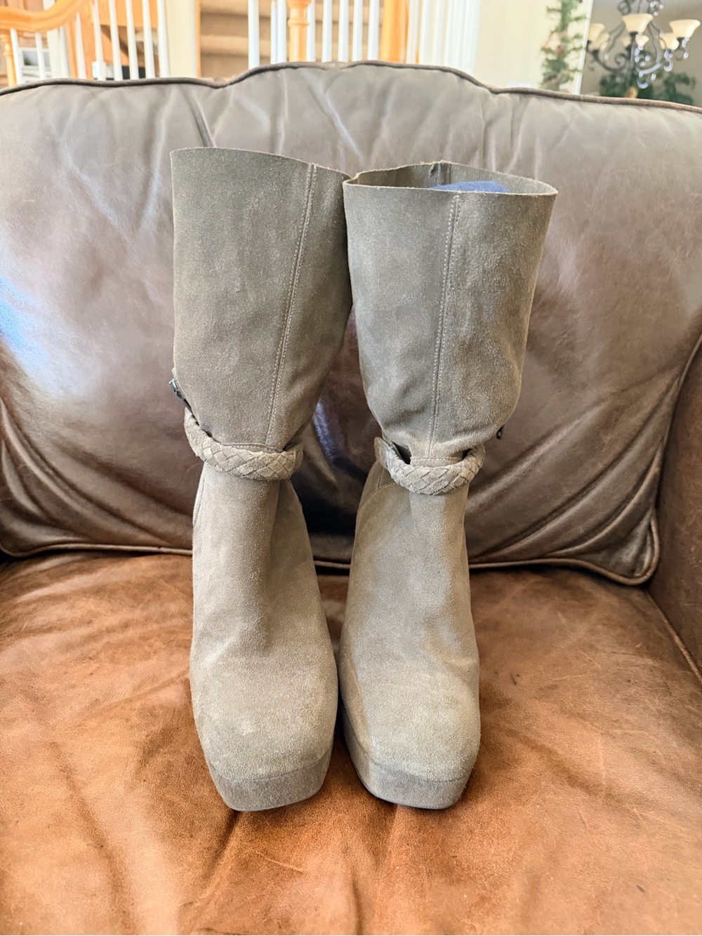 Free People Olive Taupe Suede Braided Strap Block Heel Ankle Boots